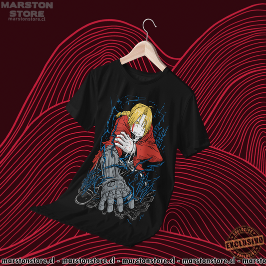 Polera negra Fullmetal Alchemist con diseño de Edward Elric