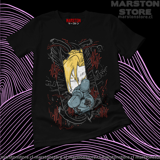 Polera negra Fullmetal Alchemist con diseño de Edward Elric