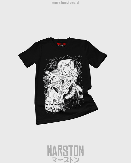 Polera negra Fullmetal Alchemist con diseño de Edward Elric