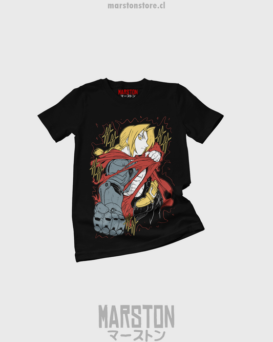 Polera negra Fullmetal Alchemist con diseño de Edward Elric