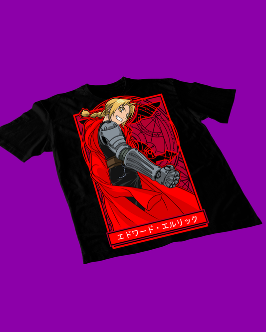 Polera negra Fullmetal Alchemist con diseño de Edward Elric