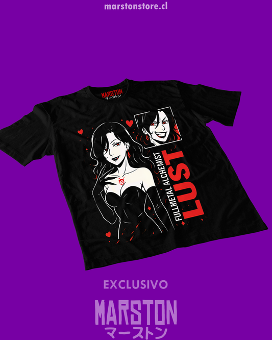 Polera negra Fullmetal Alchemist con diseño de Lust