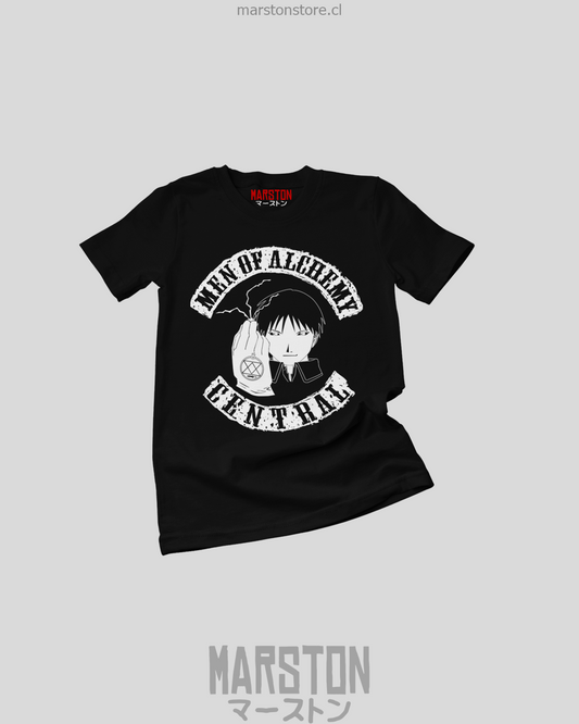 Polera negra Fullmetal Alchemist con diseño de Roy Mustang