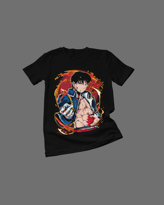 Polera negra Fullmetal Alchemist con diseño de Roy Mustang