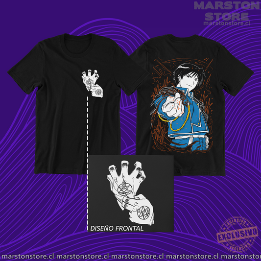Polera negra Fullmetal Alchemist con diseño de Roy Mustang