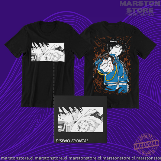 Polera negra Fullmetal Alchemist con diseño de Roy Mustang