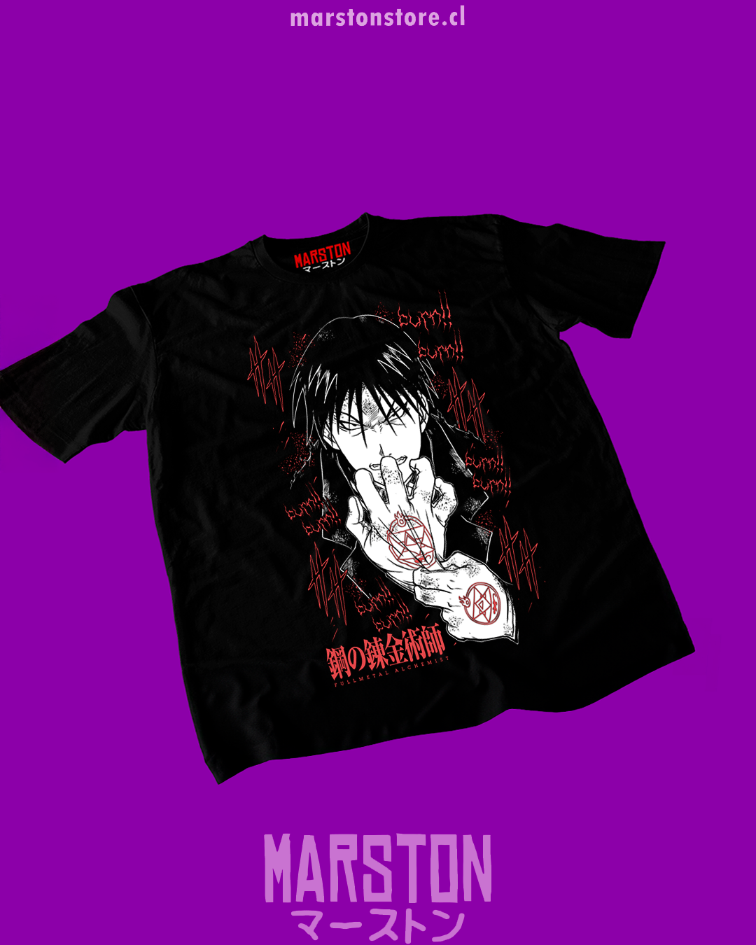 Polera negra Fullmetal Alchemist con diseño de Roy Mustang