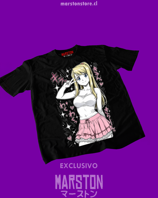 Polera negra Fullmetal Alchemist con diseño de Winry Rockbell