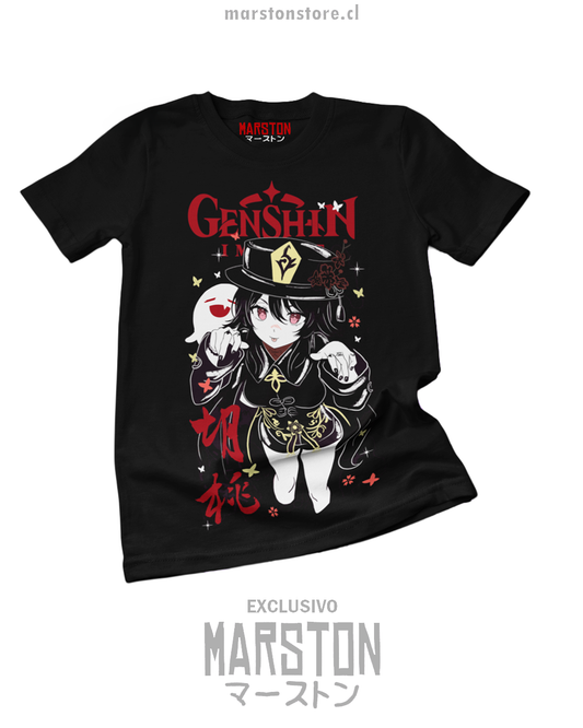 Polera negra de Genshin Impact con diseño de Hu Tao