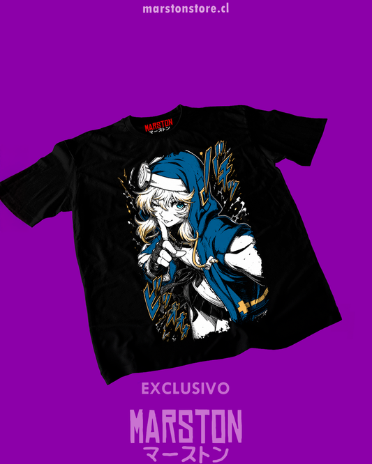 Polera negra Guilty Gear con diseño de Bridget