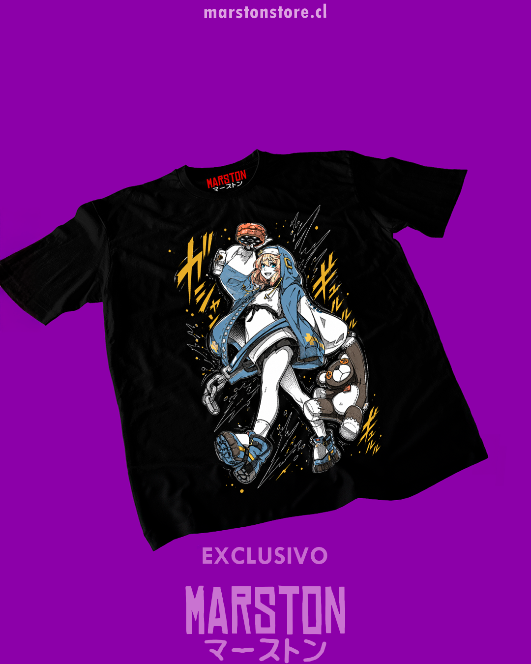 Polera negra Guilty Gear con diseño de Bridget