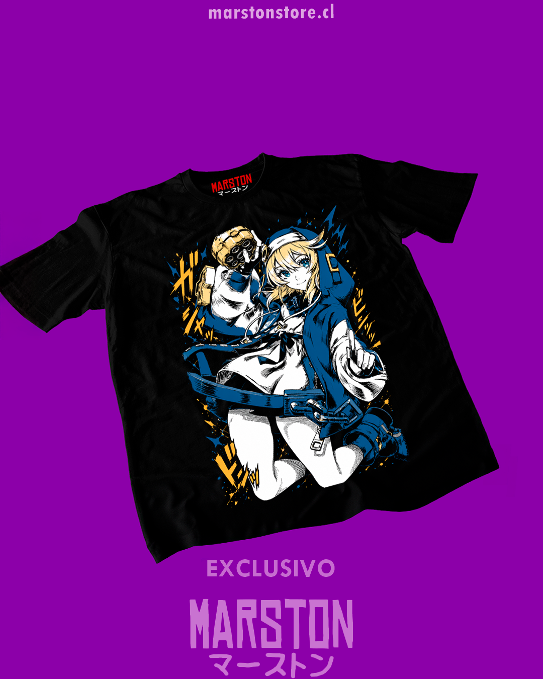 Polera negra Guilty Gear con diseño de Bridget