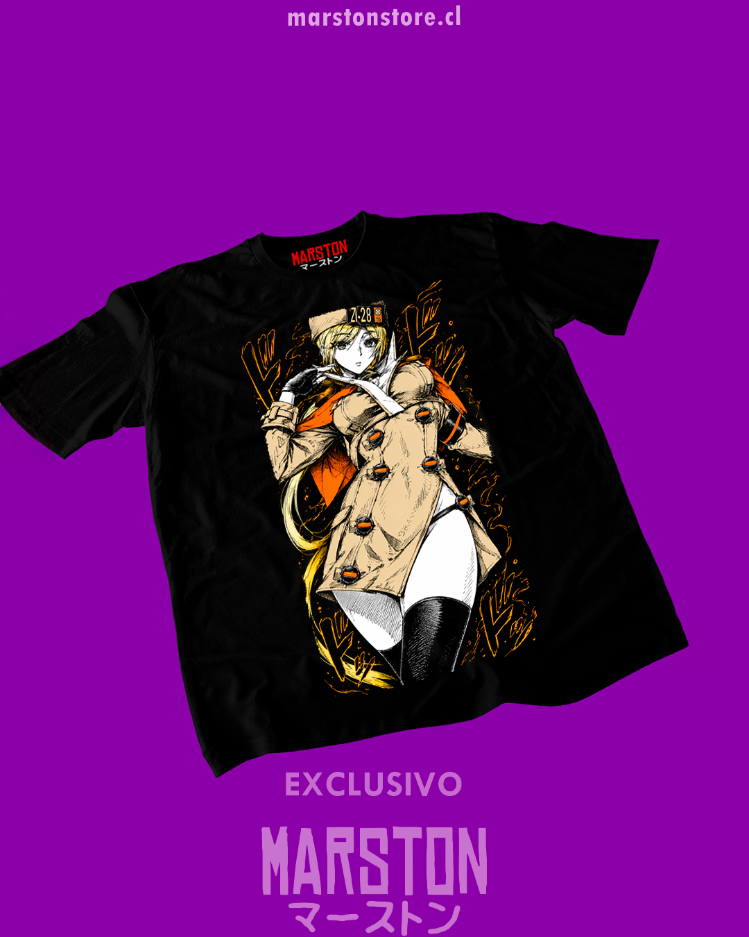 Polera negra Guilty Gear con diseño de Millia Rage
