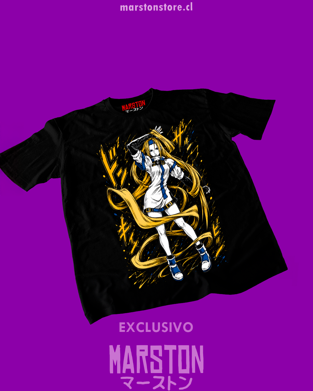 Polera negra Guilty Gear con diseño de Millia Rage