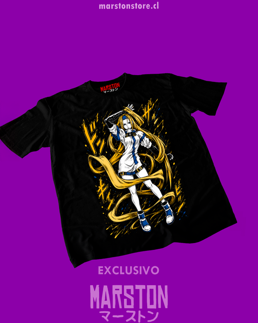 Polera negra Guilty Gear con diseño de Millia Rage