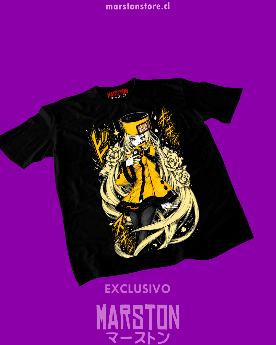 Polera negra Guilty Gear con diseño de Millia Rage