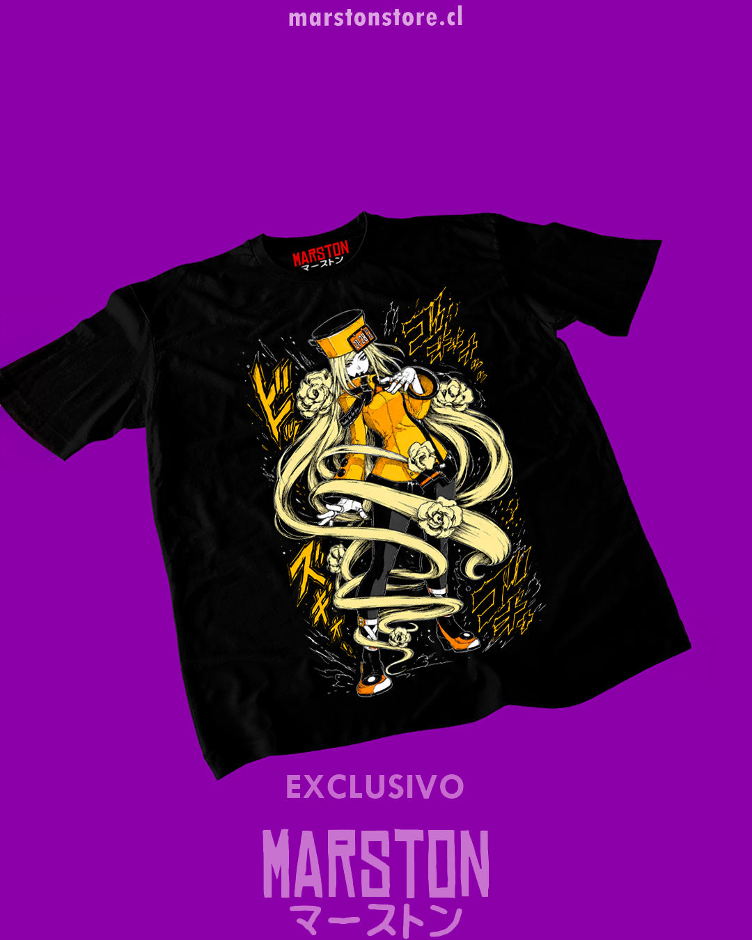 Polera negra Guilty Gear con diseño de Millia Rage