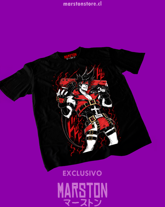 Polera negra Guilty Gear con diseño de Sol Badguy