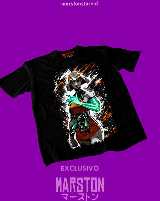 Polera negra Hades 2 con diseño de Melinoe