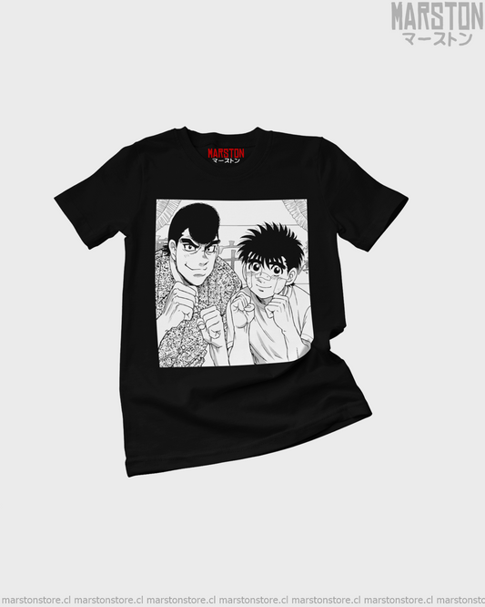 Polera negra Hajime no Ippo con diseño de Ippo Makunouchi y Mamoru Takamura