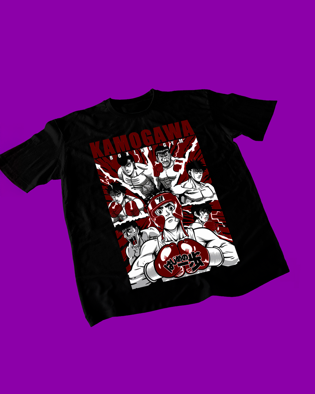 Polera negra Hajime no Ippo con Ippo Makunouchi y miembros de Kamogawa Boxing Gym