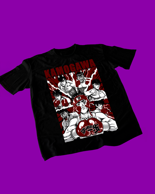 Polera negra Hajime no Ippo con Ippo Makunouchi y miembros de Kamogawa Boxing Gym