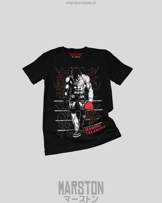 Polera negra Hajime no Ippo con diseño de Mamoru Takamura