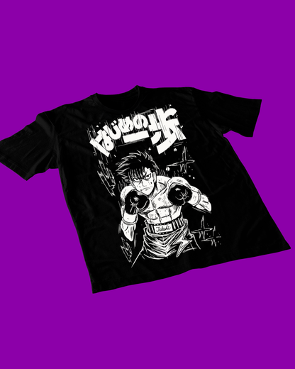 Polera negra Hajime no Ippo con diseño de Takeshi Sendo