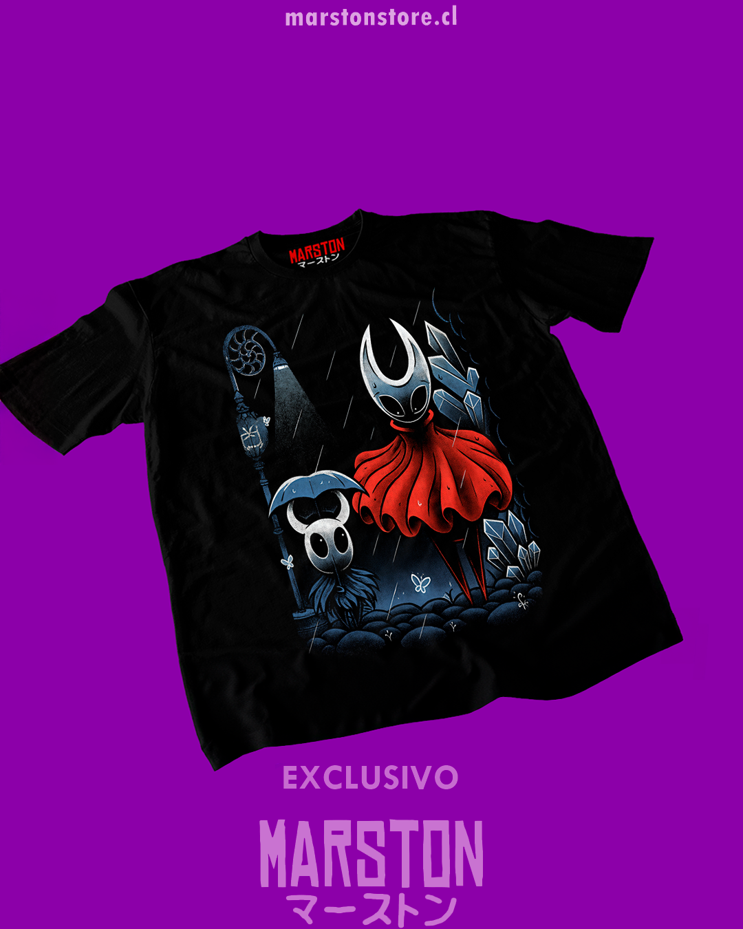 Polera negra Hollow Knight: Silksong con Hornet y The Knight