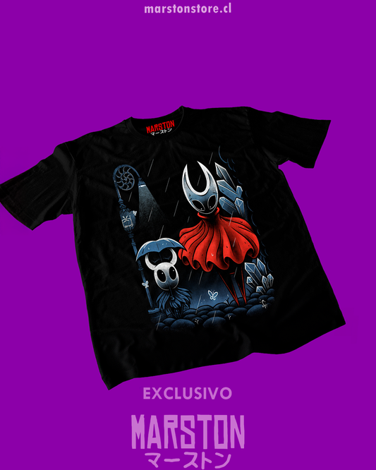 Polera negra Hollow Knight: Silksong con Hornet y The Knight