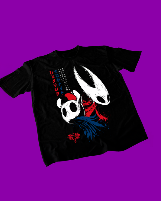 Polera negra Hollow Knight: Silksong con Hornet y The Knight
