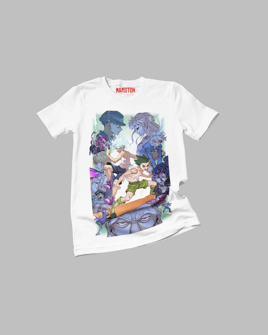 Polera blanca con diseño de Hunter x Hunter