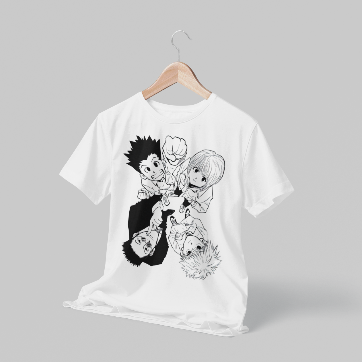 Polera blanca Hunter x Hunter con Gon Freecss, Killua Zoldyck, Kurapika y Leorio