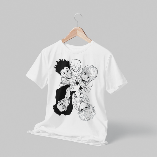 Polera blanca Hunter x Hunter con Gon Freecss, Killua Zoldyck, Kurapika y Leorio