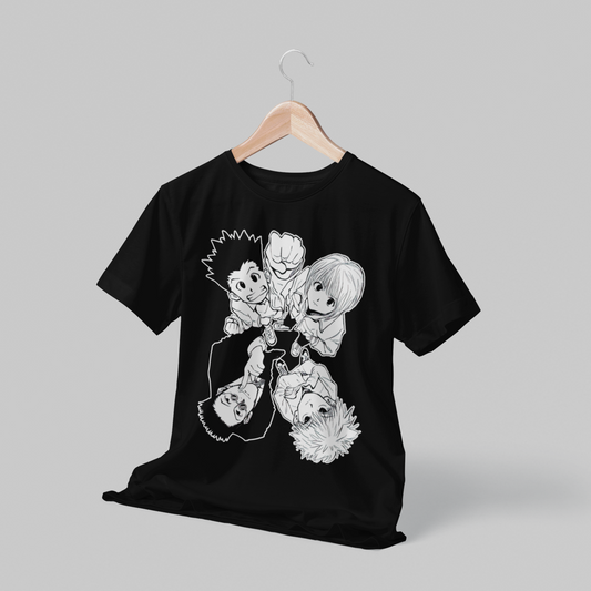 Polera negra Hunter x Hunter con Gon Freecss, Killua Zoldyck, Kurapika y Leorio