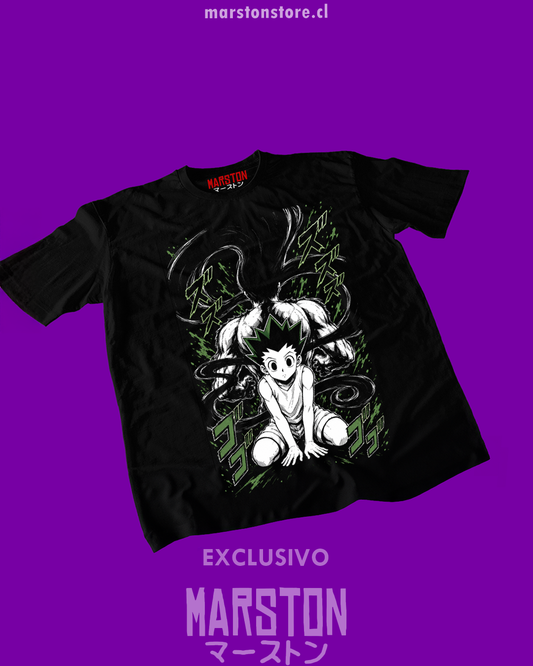Polera negra Hunter x Hunter con diseño de Gon Freecss