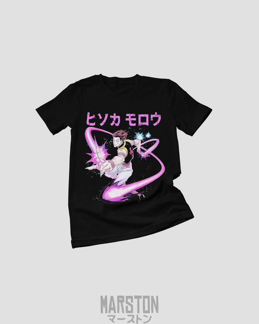 Polera negra Hunter x Hunter con diseño de Hisoka Morow