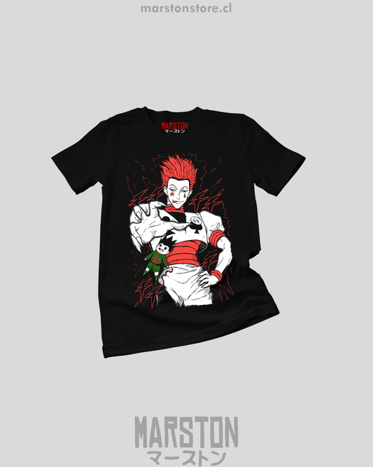 Polera negra Hunter x Hunter con diseño de Hisoka Morow