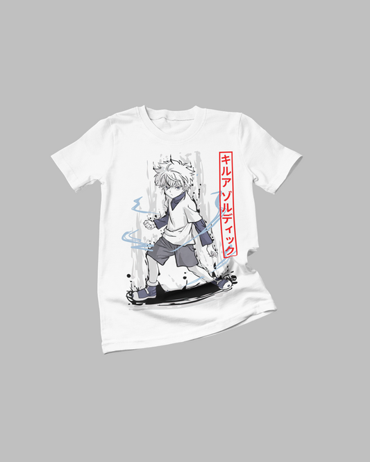 Polera blanca Hunter x Hunter con diseño de Killua Zoldyck