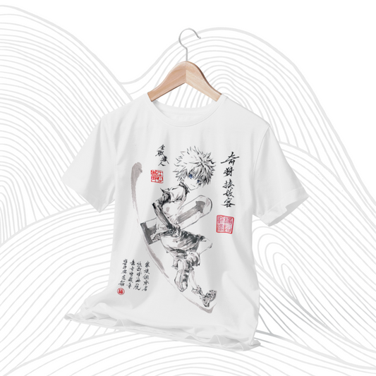 Polera blanca Hunter x Hunter con diseño de Killua Zoldyck