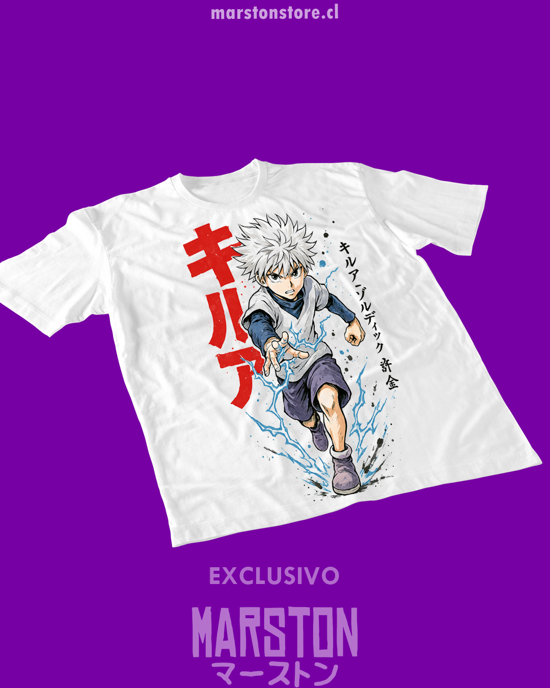 Polera blanca Hunter x Hunter con diseño de Killua Zoldyck