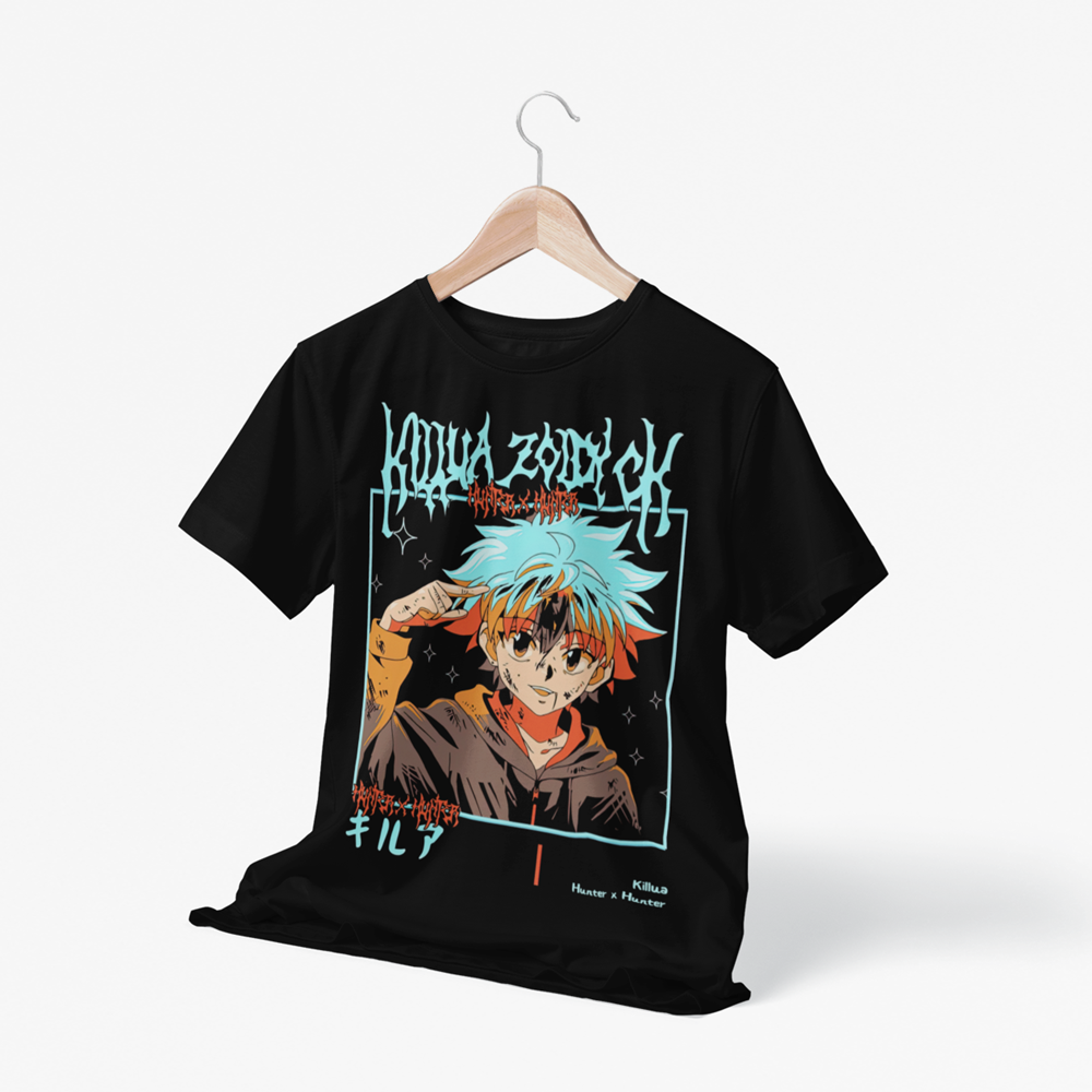 Polera negra Hunter x Hunter con diseño de Killua Zoldyck