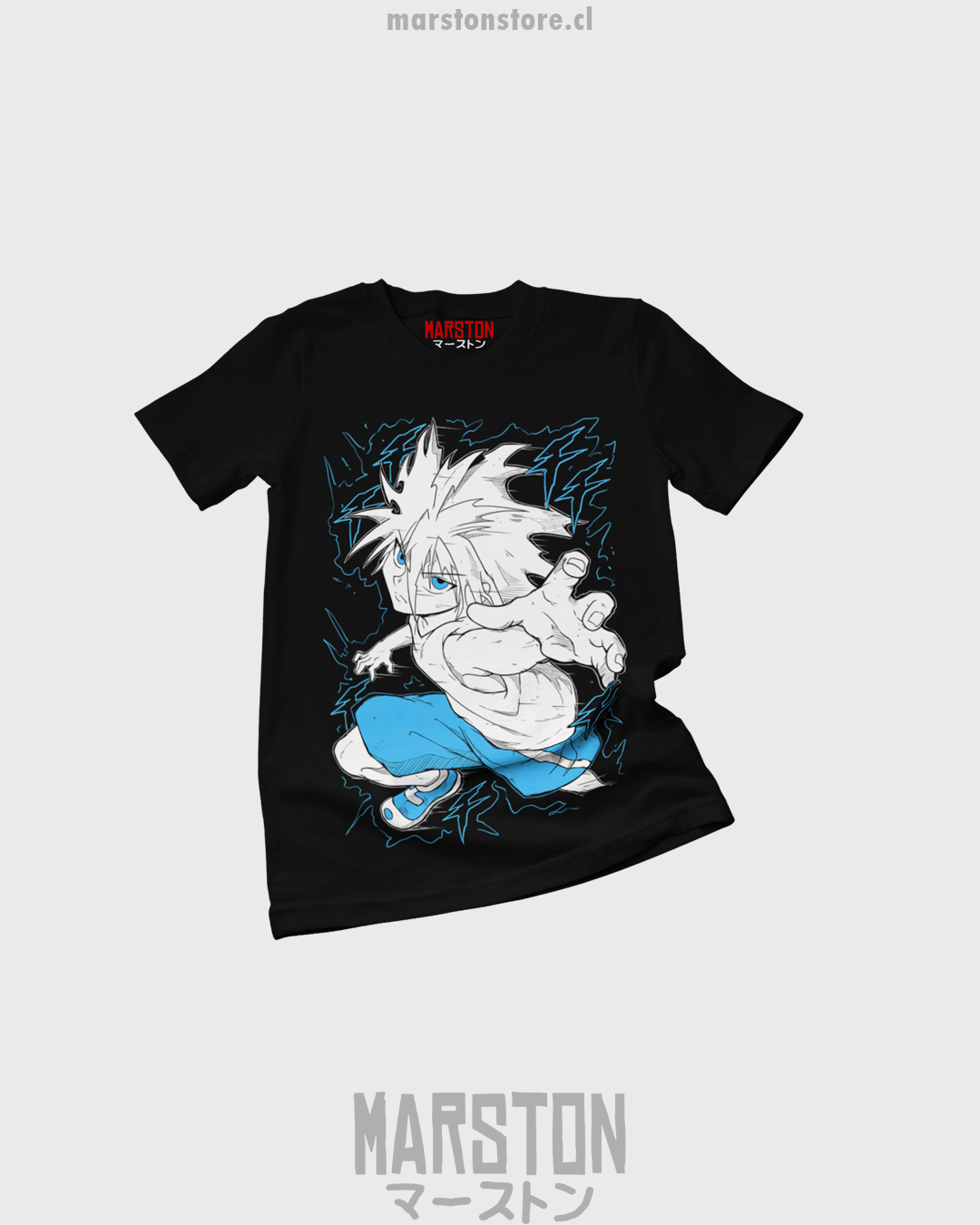 Polera negra Hunter x Hunter con diseño de Killua Zoldyck