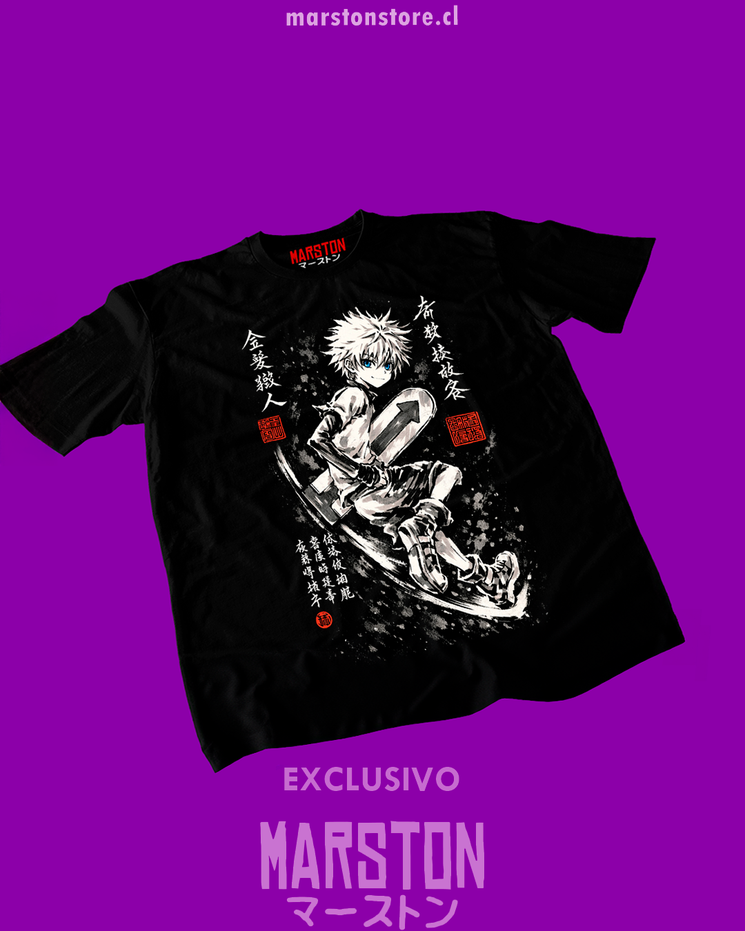Polera negra Hunter x Hunter con diseño de Killua Zoldyck