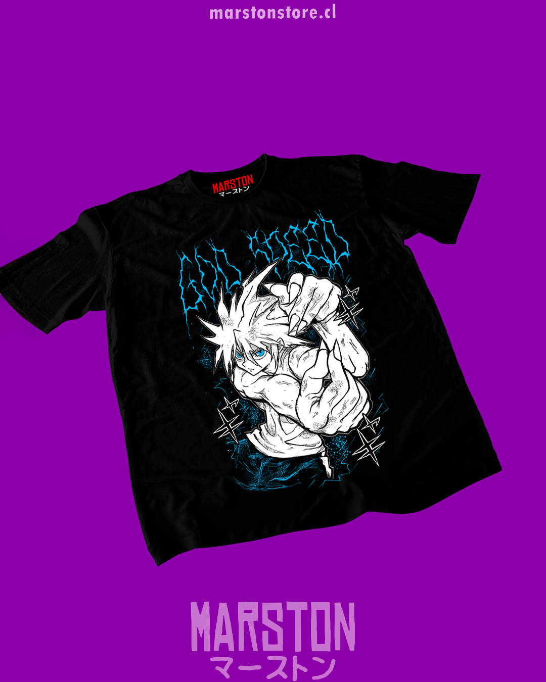 Polera negra Hunter x Hunter con diseño de Killua Zoldyck