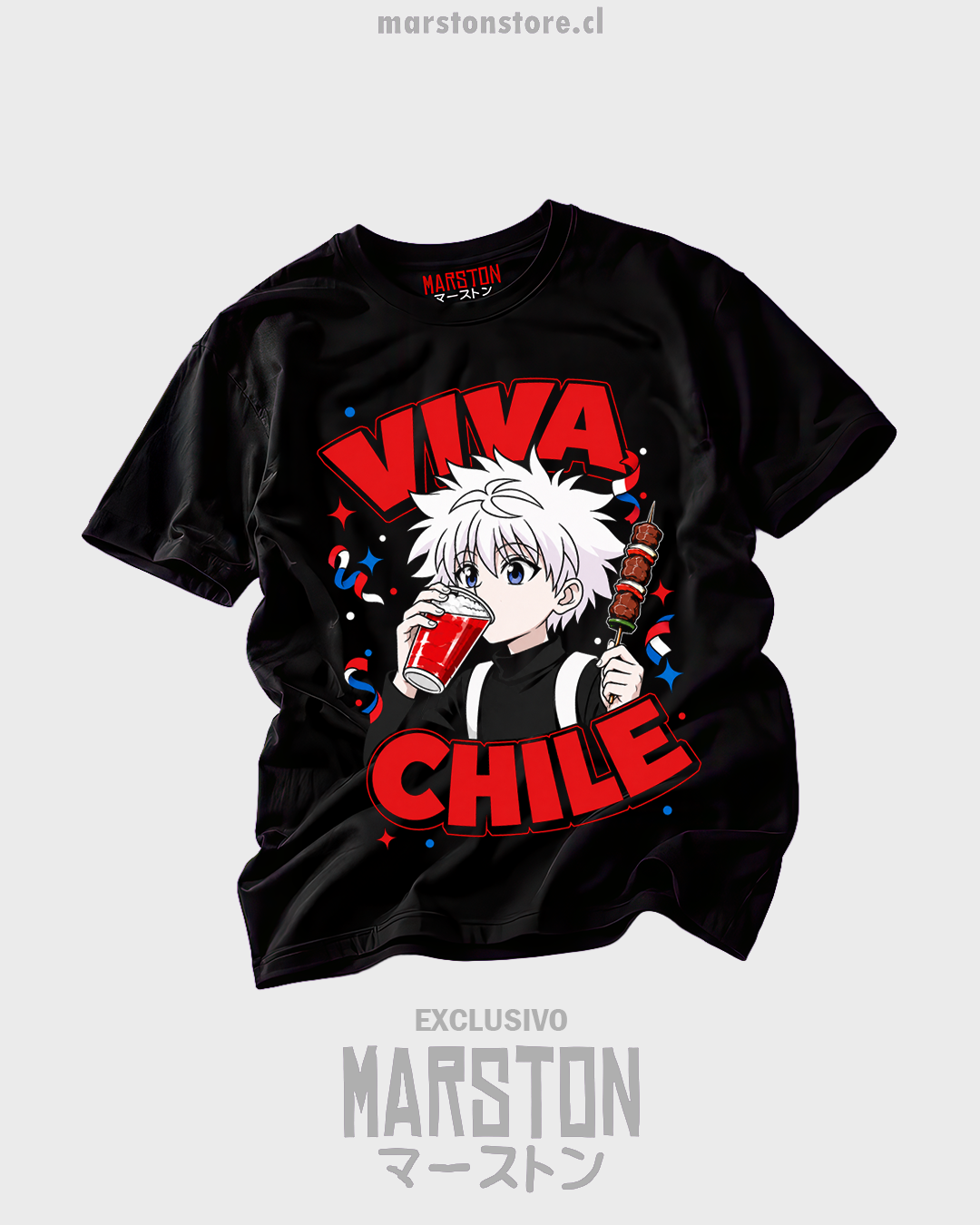 Polera negra Hunter x Hunter Killua Zoldyck Viva Chile fiestas patrias 18 de septiembre