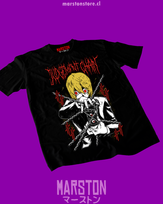 Polera negra Hunter x Hunter con diseño de Kurapika