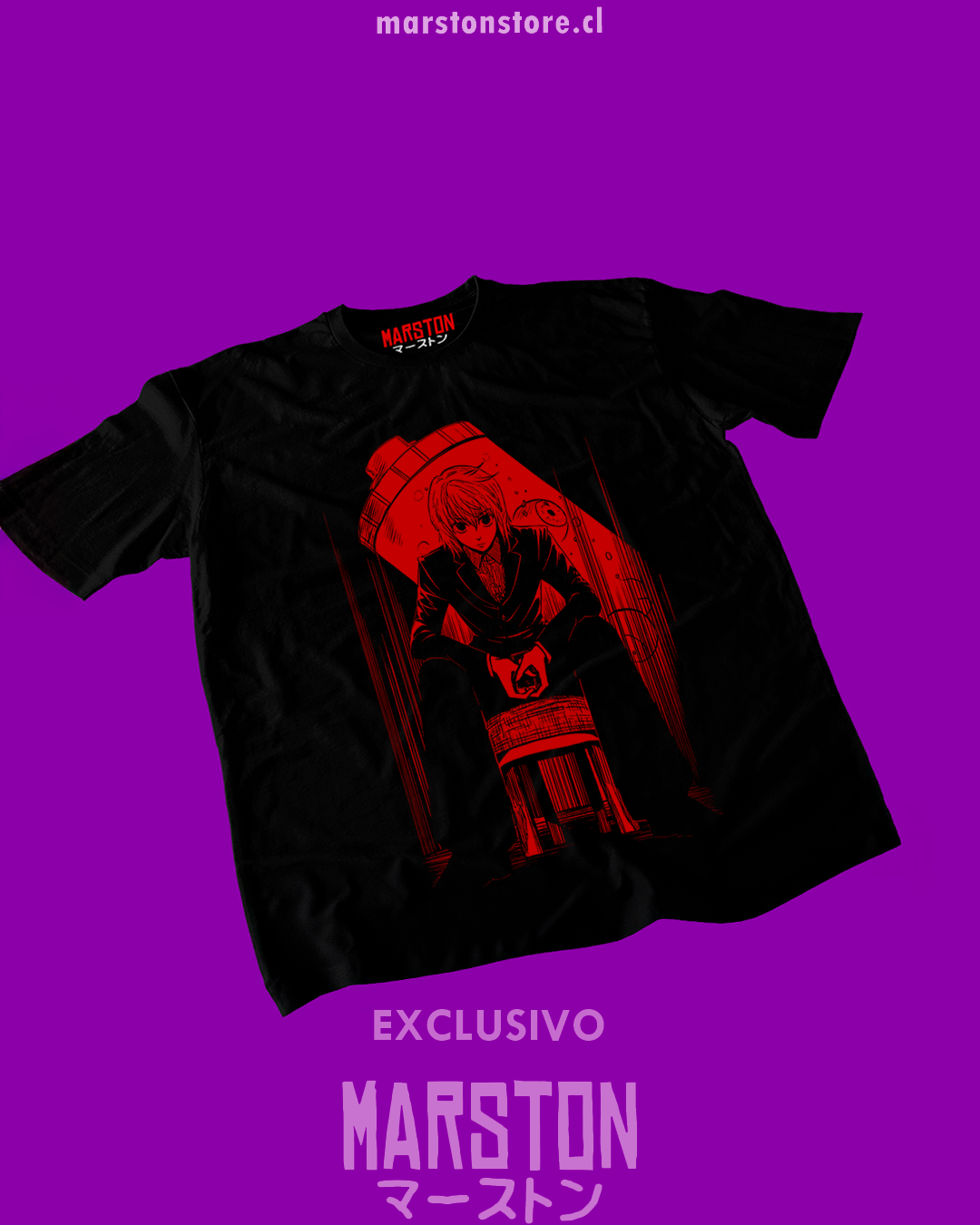 Polera negra Hunter x Hunter con diseño de Kurapika