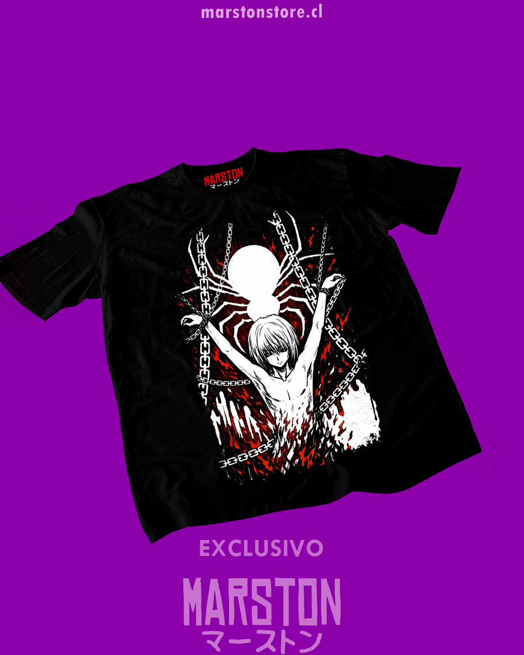 Polera negra Hunter x Hunter con diseño de Kurapika