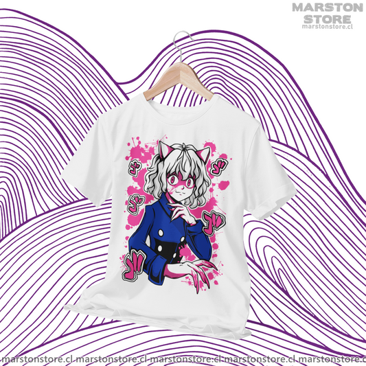 Polera blanca Hunter x Hunter con diseño de Neferpitou